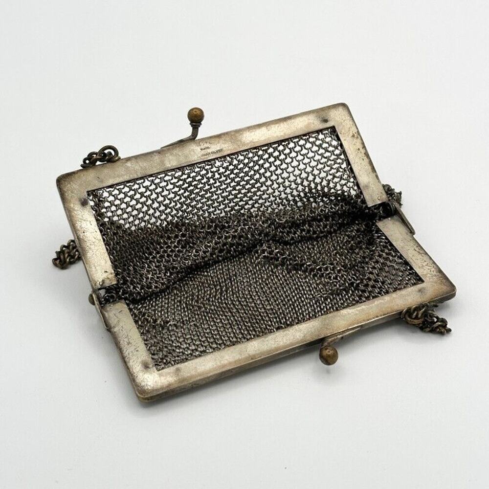 Antique German Silver Evening Bag w Chain Link Mesh Dropped Tassel Marked WJ Co - Picture 11 of 13